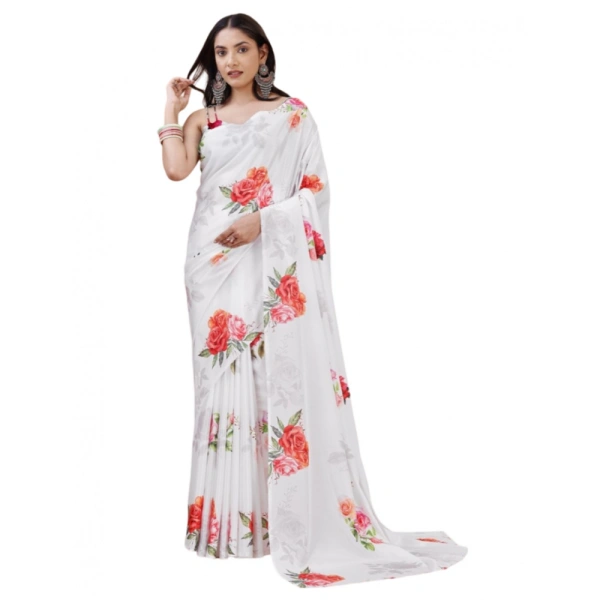 Women's Crepe Digital Print Saree With Unstitched Blouse 5.5Mtr (Cream) - Cream