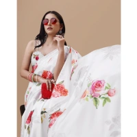 Women's Crepe Digital Print Saree With Unstitched Blouse 5.5Mtr (Cream) - Cream