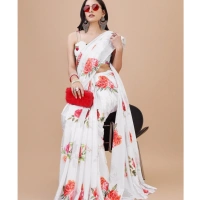 Women's Crepe Digital Print Saree With Unstitched Blouse 5.5Mtr (Cream) - Cream