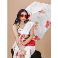 Women's Crepe Digital Print Saree With Unstitched Blouse 5.5Mtr (Cream) - Cream