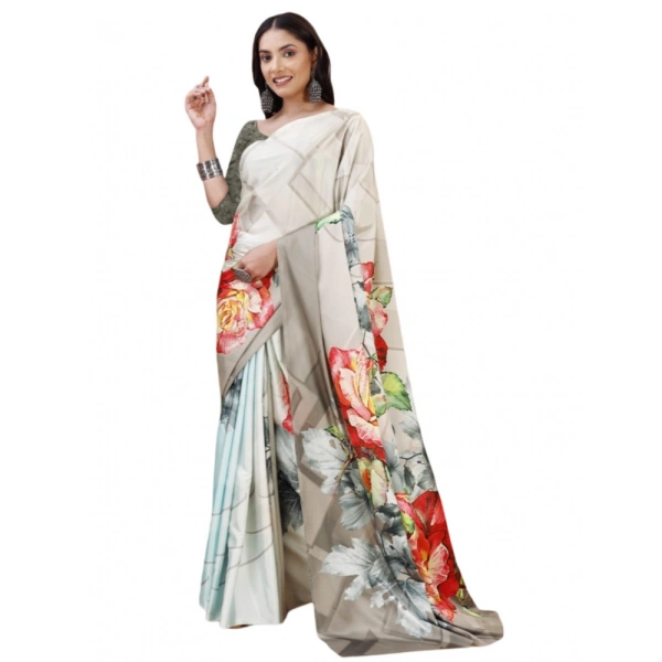 Women's Crepe Digital Print Saree With Unstitched Blouse 5.5Mtr (Grey) - Grey