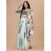 Women's Crepe Digital Print Saree With Unstitched Blouse 5.5Mtr (Grey) - Grey