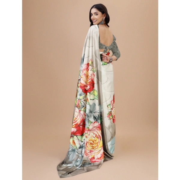Women's Crepe Digital Print Saree With Unstitched Blouse 5.5Mtr (Grey) - Grey
