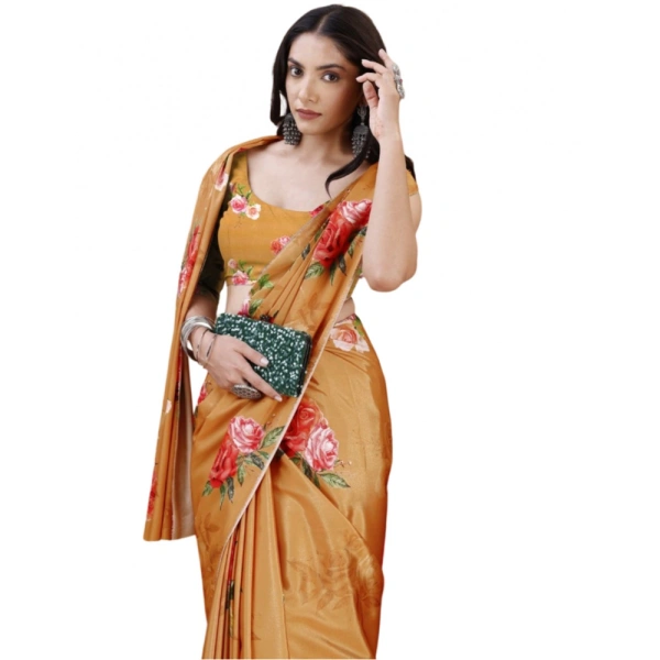 Women's Crepe Digital Print Saree With Unstitched Blouse 5.5Mtr (Mustard) - Mustard