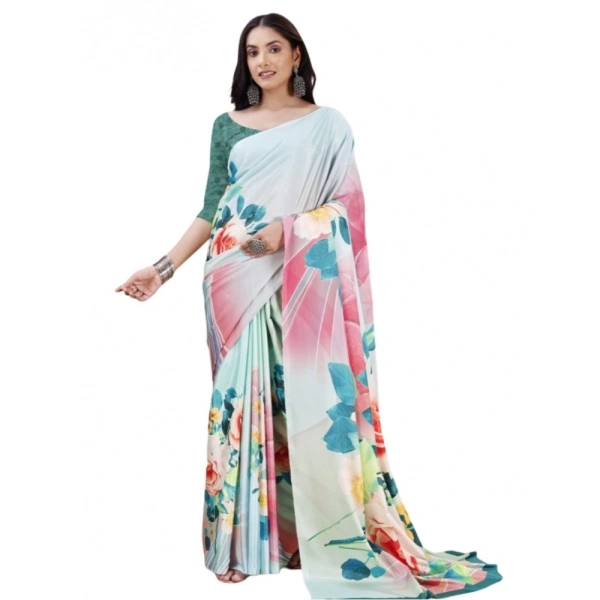 Women's Crepe Digital Print Saree With Unstitched Blouse 5.5Mtr (Light Blue) - Light Blue