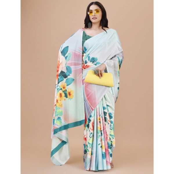 Women's Crepe Digital Print Saree With Unstitched Blouse 5.5Mtr (Light Blue) - Light Blue
