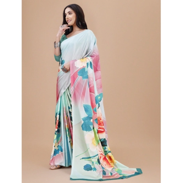 Women's Crepe Digital Print Saree With Unstitched Blouse 5.5Mtr (Light Blue) - Light Blue