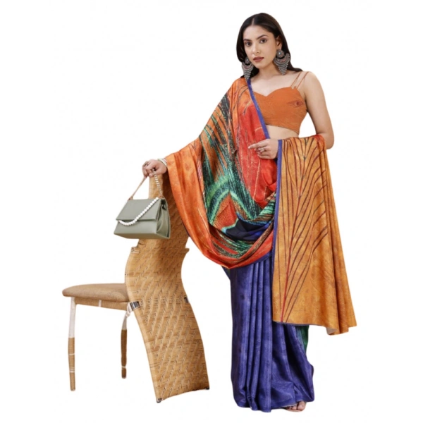 Women's Crepe Digital Print Saree With Unstitched Blouse 5.5Mtr (Light Blue) - Light Blue