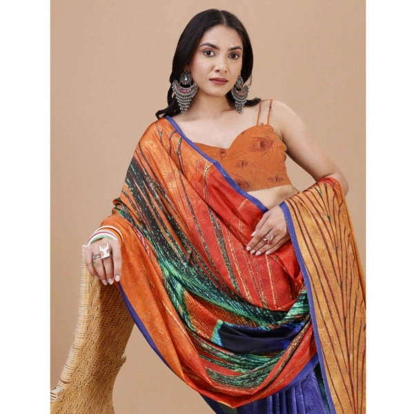 Women's Crepe Digital Print Saree With Unstitched Blouse 5.5Mtr (Light Blue) - Light Blue
