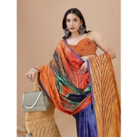 Women's Crepe Digital Print Saree With Unstitched Blouse 5.5Mtr (Light Blue) - Light Blue