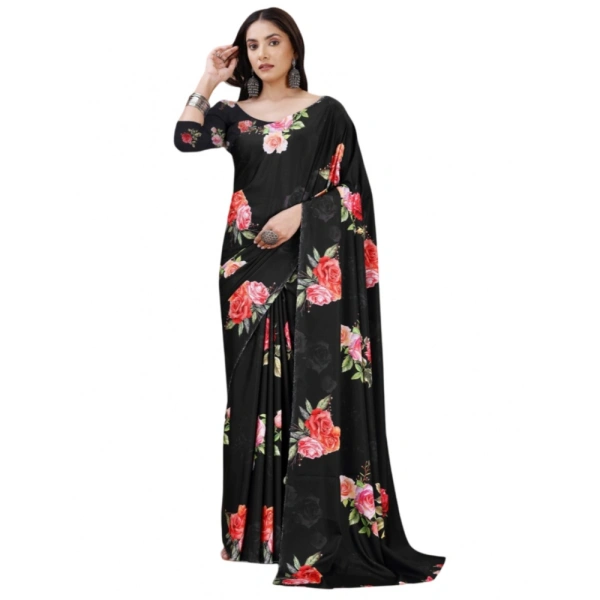Women's Crepe Digital Print Saree With Unstitched Blouse 5.5Mtr (Black) - Black