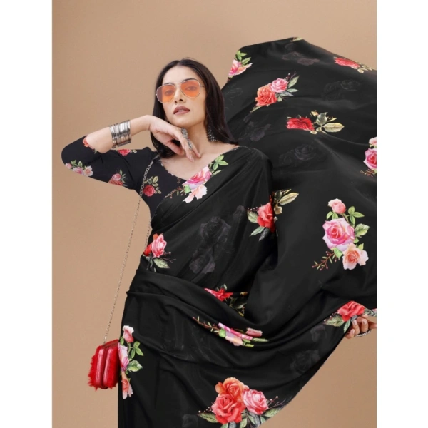 Women's Crepe Digital Print Saree With Unstitched Blouse 5.5Mtr (Black) - Black