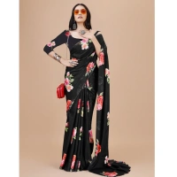 Women's Crepe Digital Print Saree With Unstitched Blouse 5.5Mtr (Black) - Black