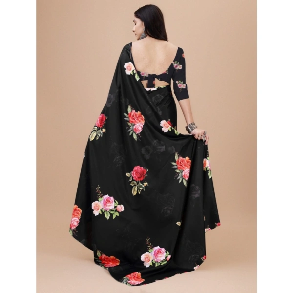 Women's Crepe Digital Print Saree With Unstitched Blouse 5.5Mtr (Black) - Black