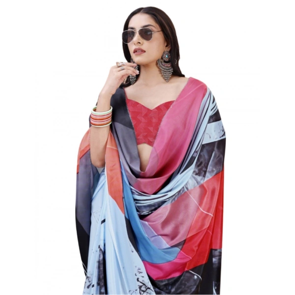 Women's Crepe Digital Print Saree With Unstitched Blouse 5.5Mtr (Light Blue) - Light Blue