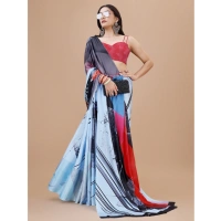 Women's Crepe Digital Print Saree With Unstitched Blouse 5.5Mtr (Light Blue) - Light Blue