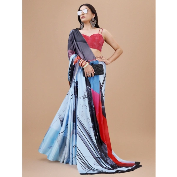 Women's Crepe Digital Print Saree With Unstitched Blouse 5.5Mtr (Light Blue) - Light Blue