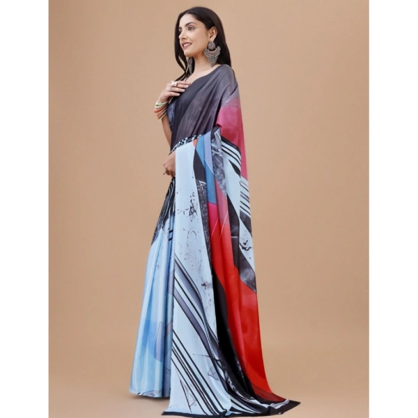 Women's Crepe Digital Print Saree With Unstitched Blouse 5.5Mtr (Light Blue) - Light Blue