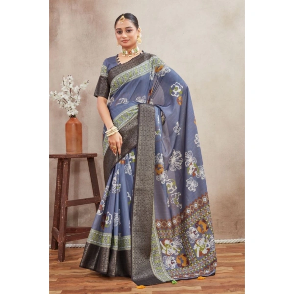 Generic Women's Crepe Silk Printed Saree With Unstitched Blouse 5.5Mtr (Grey) - Grey