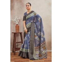Generic Women's Crepe Silk Printed Saree With Unstitched Blouse 5.5Mtr (Grey) - Grey