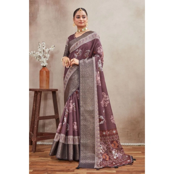 Generic Women's Crepe Silk Printed Saree With Unstitched Blouse 5.5Mtr (purple) - Purple