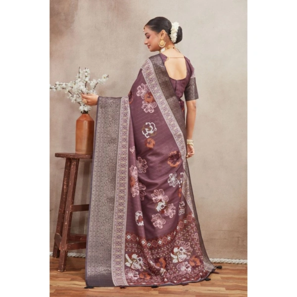 Generic Women's Crepe Silk Printed Saree With Unstitched Blouse 5.5Mtr (purple) - Purple