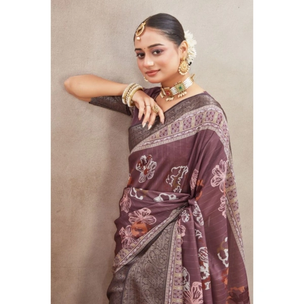 Generic Women's Crepe Silk Printed Saree With Unstitched Blouse 5.5Mtr (purple) - Purple