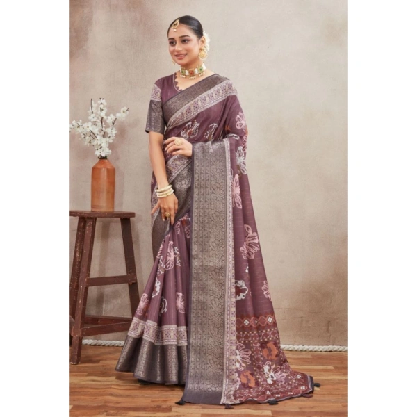 Generic Women's Crepe Silk Printed Saree With Unstitched Blouse 5.5Mtr (purple) - Purple