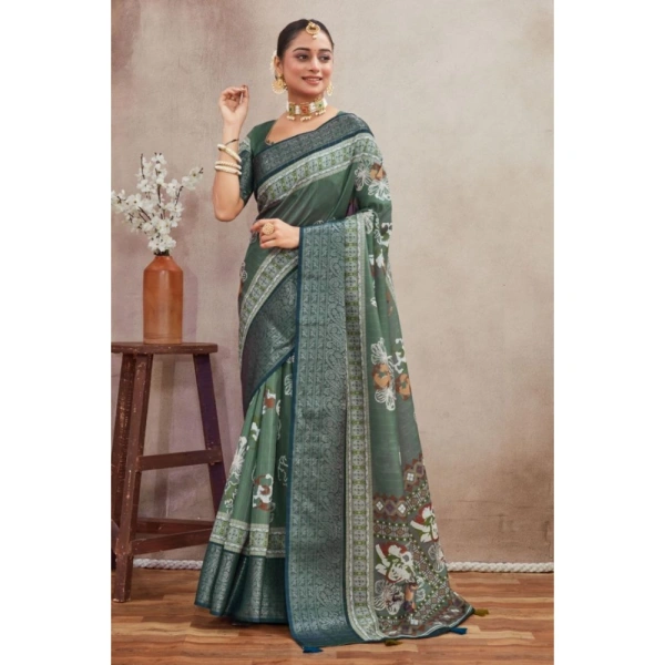 Generic Women's Crepe Silk Printed Saree With Unstitched Blouse 5.5Mtr (Green) - Green