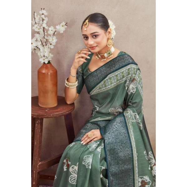 Generic Women's Crepe Silk Printed Saree With Unstitched Blouse 5.5Mtr (Green) - Green