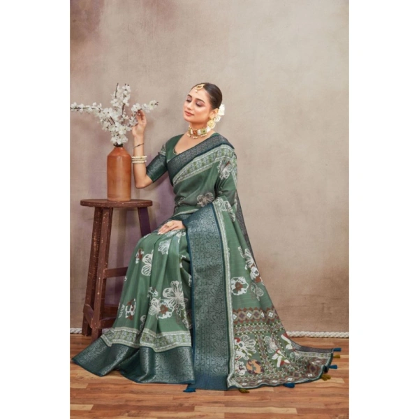 Generic Women's Crepe Silk Printed Saree With Unstitched Blouse 5.5Mtr (Green) - Green