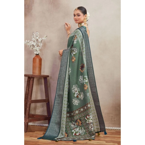 Generic Women's Crepe Silk Printed Saree With Unstitched Blouse 5.5Mtr (Green) - Green