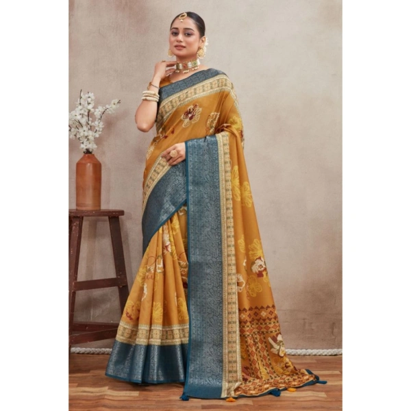 Generic Women's Crepe Silk Printed Saree With Unstitched Blouse 5.5Mtr (Mustard) - Mustard