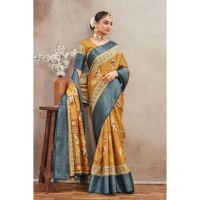 Generic Women's Crepe Silk Printed Saree With Unstitched Blouse 5.5Mtr (Mustard) - Mustard