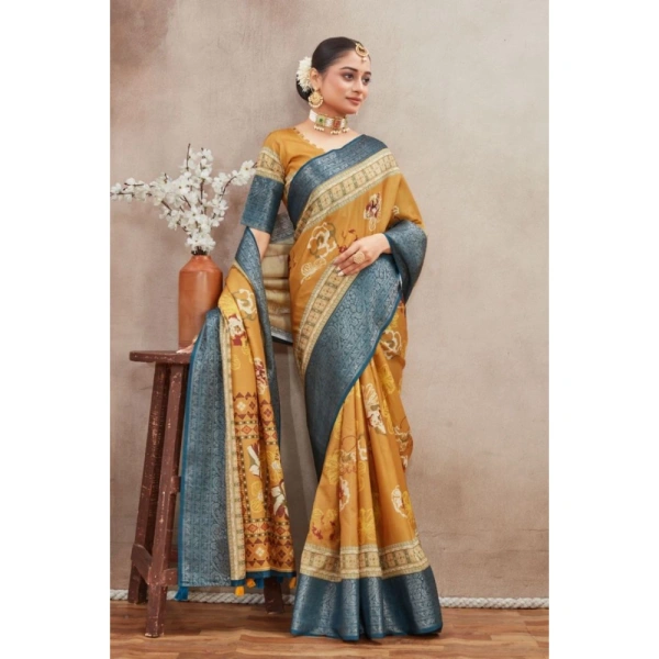 Generic Women's Crepe Silk Printed Saree With Unstitched Blouse 5.5Mtr (Mustard) - Mustard