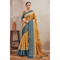 Generic Women's Crepe Silk Printed Saree With Unstitched Blouse 5.5Mtr (Mustard) - Mustard