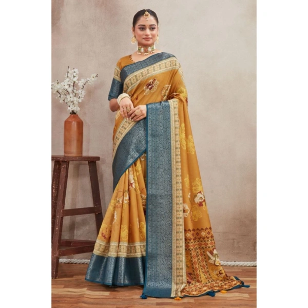 Generic Women's Crepe Silk Printed Saree With Unstitched Blouse 5.5Mtr (Mustard) - Mustard