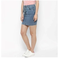 Women's Denim Draw String Buttoned Skirt (Blue) - L