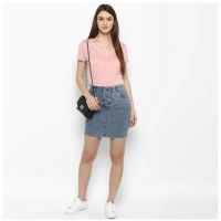 Women's Denim Draw String Buttoned Skirt (Blue) - L