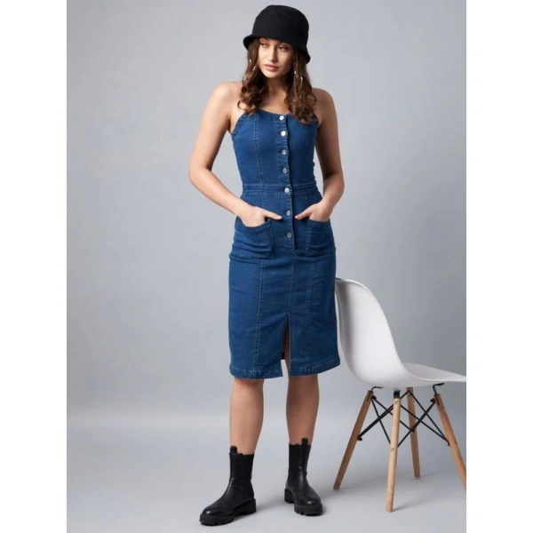 Shopnav Women's Denim Lycra Solid Square Neck Shoulder Straps Dress (Blue) - S