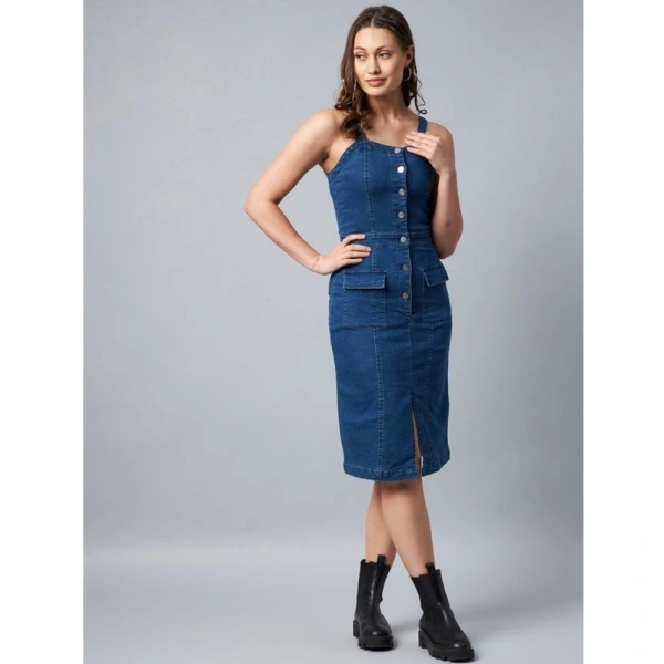 Shopnav Women's Denim Lycra Solid Square Neck Shoulder Straps Dress (Blue) - S