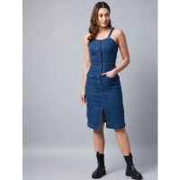 Shopnav Women's Denim Lycra Solid Square Neck Shoulder Straps Dress (Blue) - S