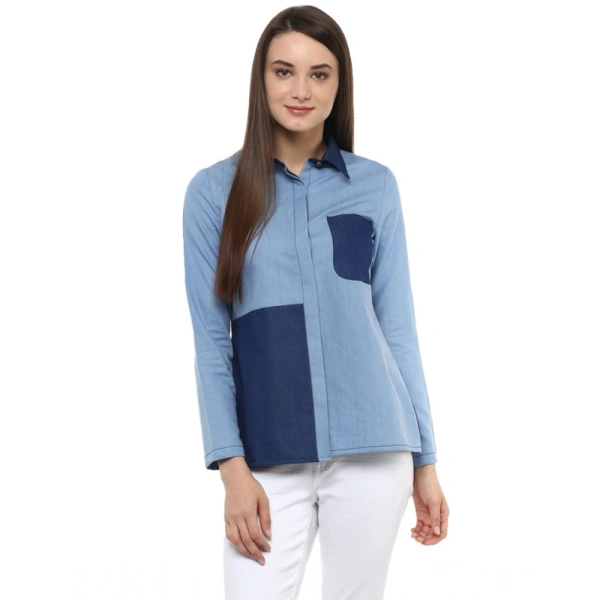 Women's Denim Patch Work Long Sleeves Regular Top (Blue) - S