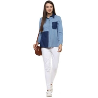 Women's Denim Patch Work Long Sleeves Regular Top (Blue) - S