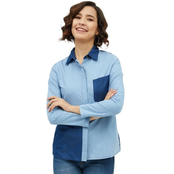 Women's Denim Patch Work Long Sleeves Standard Length Shirt (Blue) - S