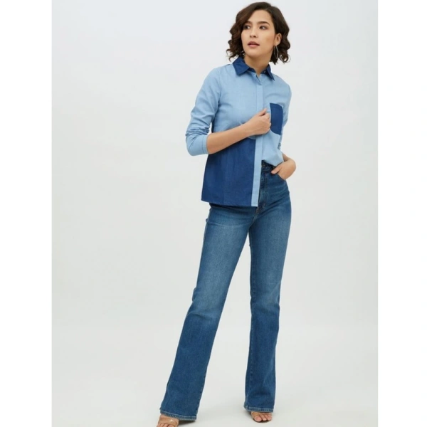 Women's Denim Patch Work Long Sleeves Standard Length Shirt (Blue) - S