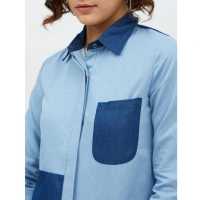Women's Denim Patch Work Long Sleeves Standard Length Shirt (Blue) - M