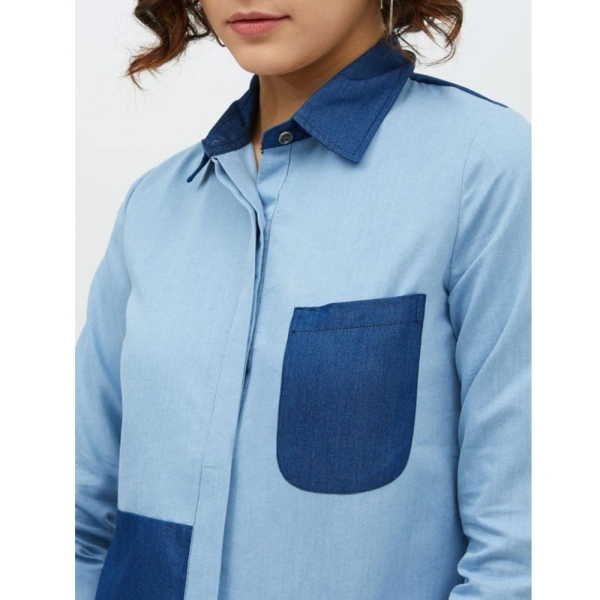 Women's Denim Patch Work Long Sleeves Standard Length Shirt (Blue) - M