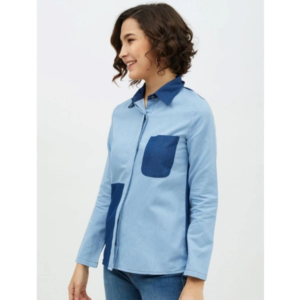 Women's Denim Patch Work Long Sleeves Standard Length Shirt (Blue) - M