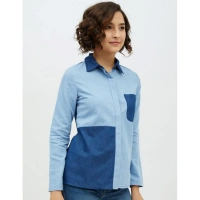 Women's Denim Patch Work Long Sleeves Standard Length Shirt (Blue) - M